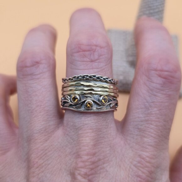 Size 10.25 Sterling Silver Triple Citrine Gem Spinner Nature Ring A5332 - Picture 4 of 10